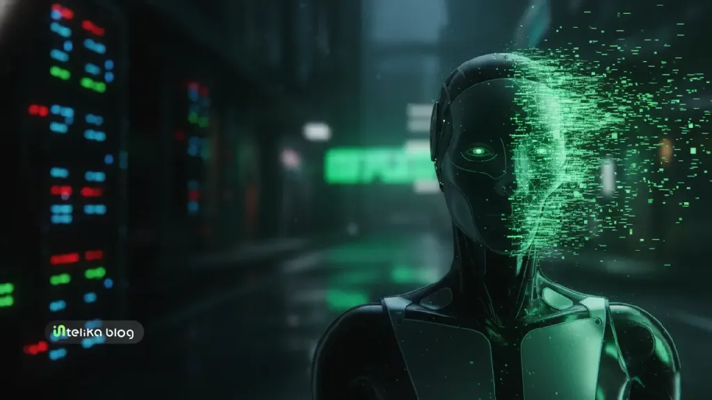 Hallucinations in AI :  a robot with neon green particles around its head